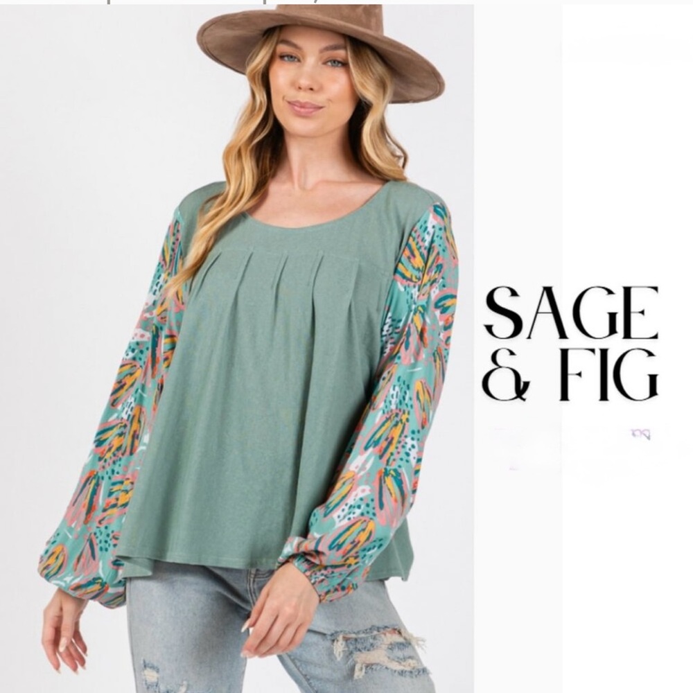Sage & Fig Women's Green Blouse with Patterned Sleeves